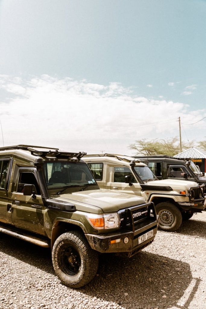 Row of off-road safari vehicles parked under a clear sky, ready for adventure.